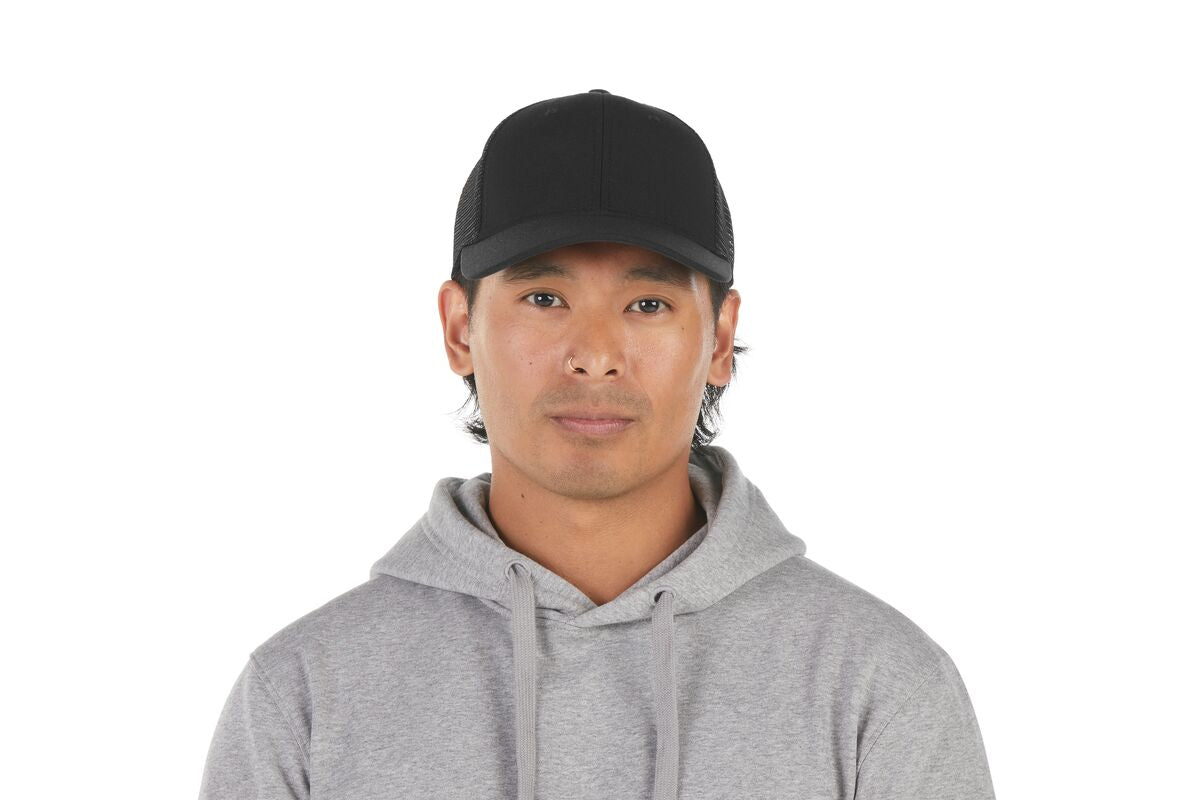 recycled-poly-low-profile-trucker-hat-p3 WebPDP-HAT002002_Recycled_Poly_Low_Profile_Trucker_Hat_Black_Studio_Harper_Studios_0723_Front__HAT002002OS.jpg